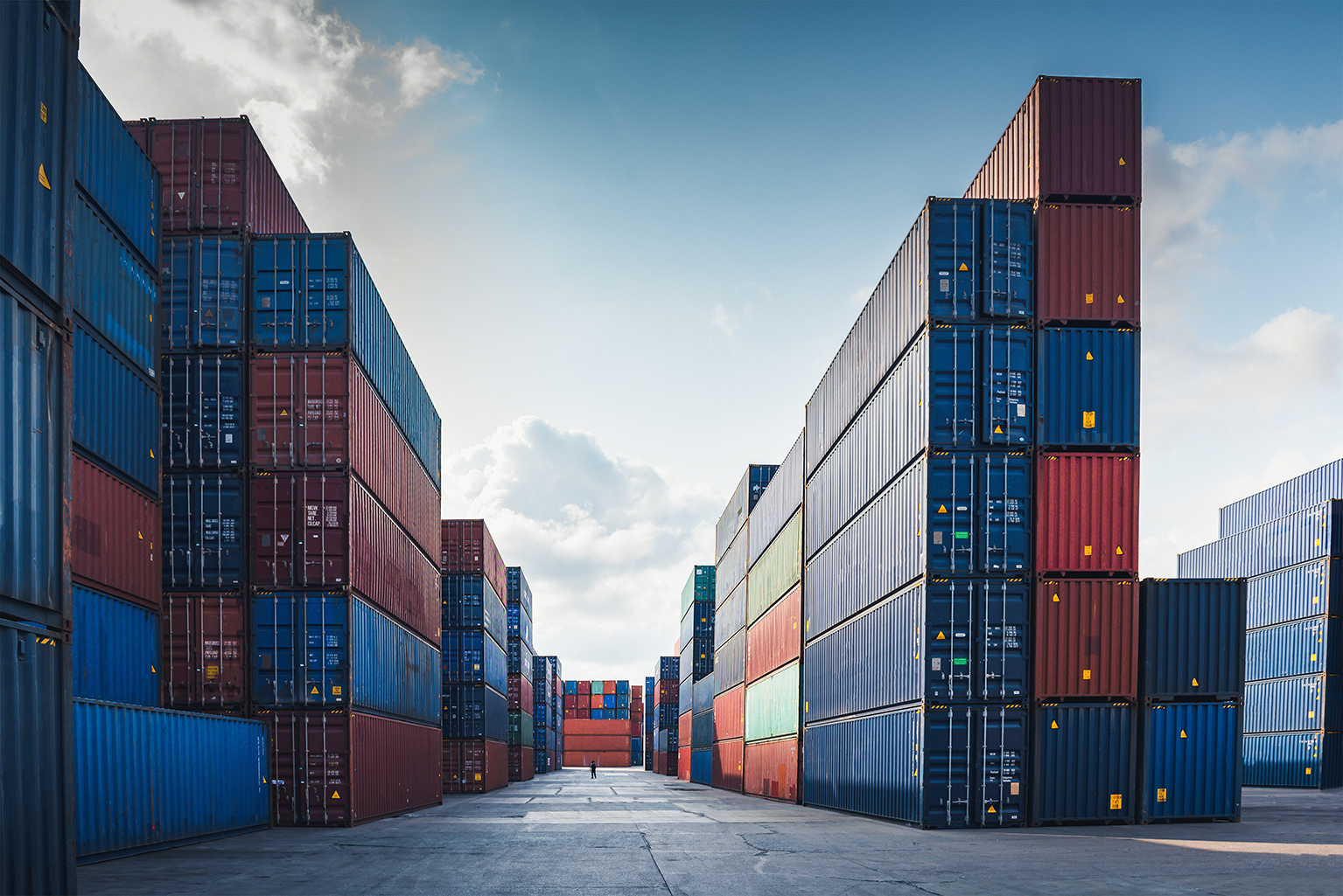 Rows of imported containers in distribution yard 